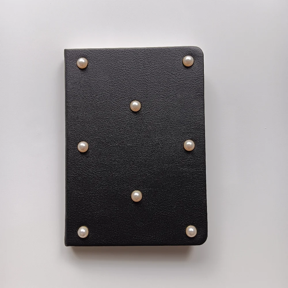 New Eccolo Journal Notepad Lined Black Cover White Pearl Shaped Beads 5 x 7